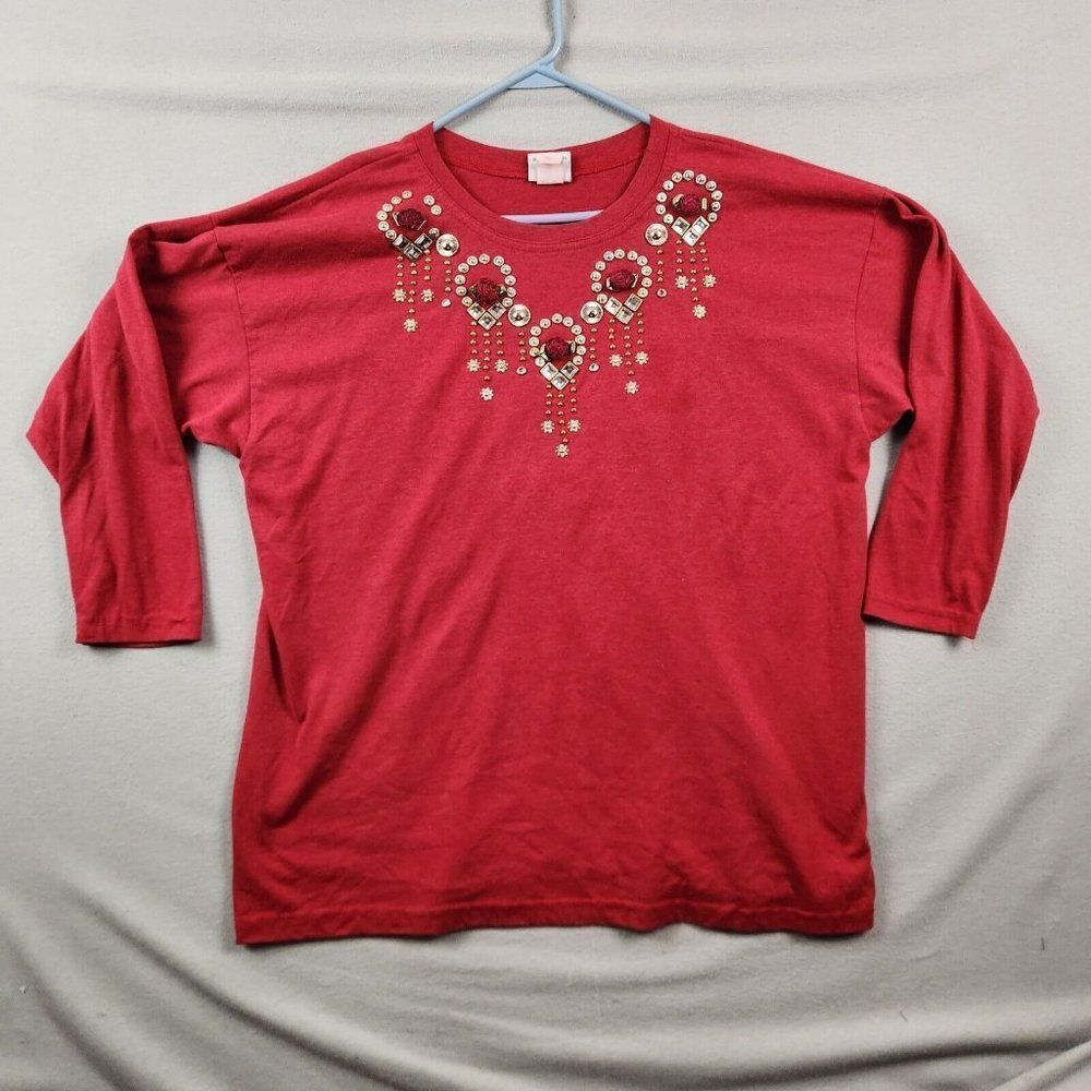 Vintage SuperLine Red Shirt One Size Rhinestone Flowers Long Sleeve